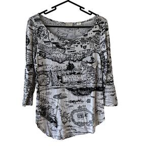 Postmark Anthropologie World Map Reverie 3/4 Sleeve‎ Blouse Scoop Neck X-Small
